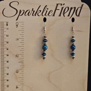 Blue, silver, and gray hematite and metallic glass earrings